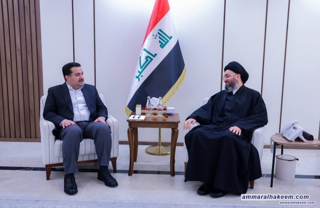 السيد الحكيم يستقبل السوداني ويشيد بخطوات الحكومة الخدمية وافتتاح المشاريع